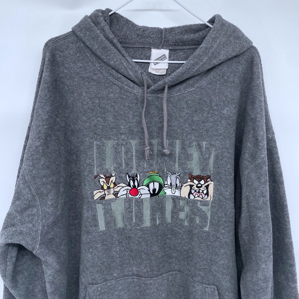 Y2K 2000s Warner‎ Bros Studios Looney Tunes Embroidered Fleece Hoodie XL Gray - Picture 2 of 6